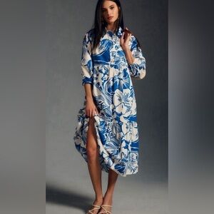 Anthropologie Maeve Bettina Blue White Midi Dress Size Small Petite